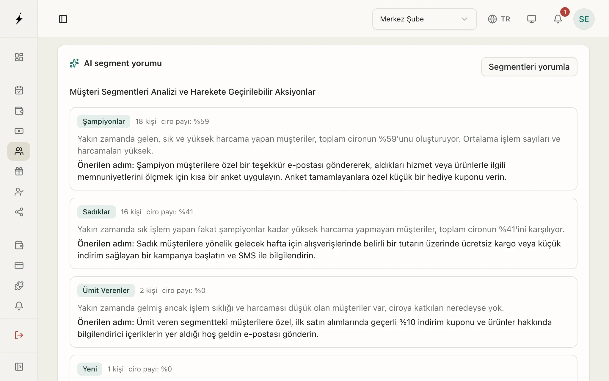 Zencron panelinde Müşteriler ekranı