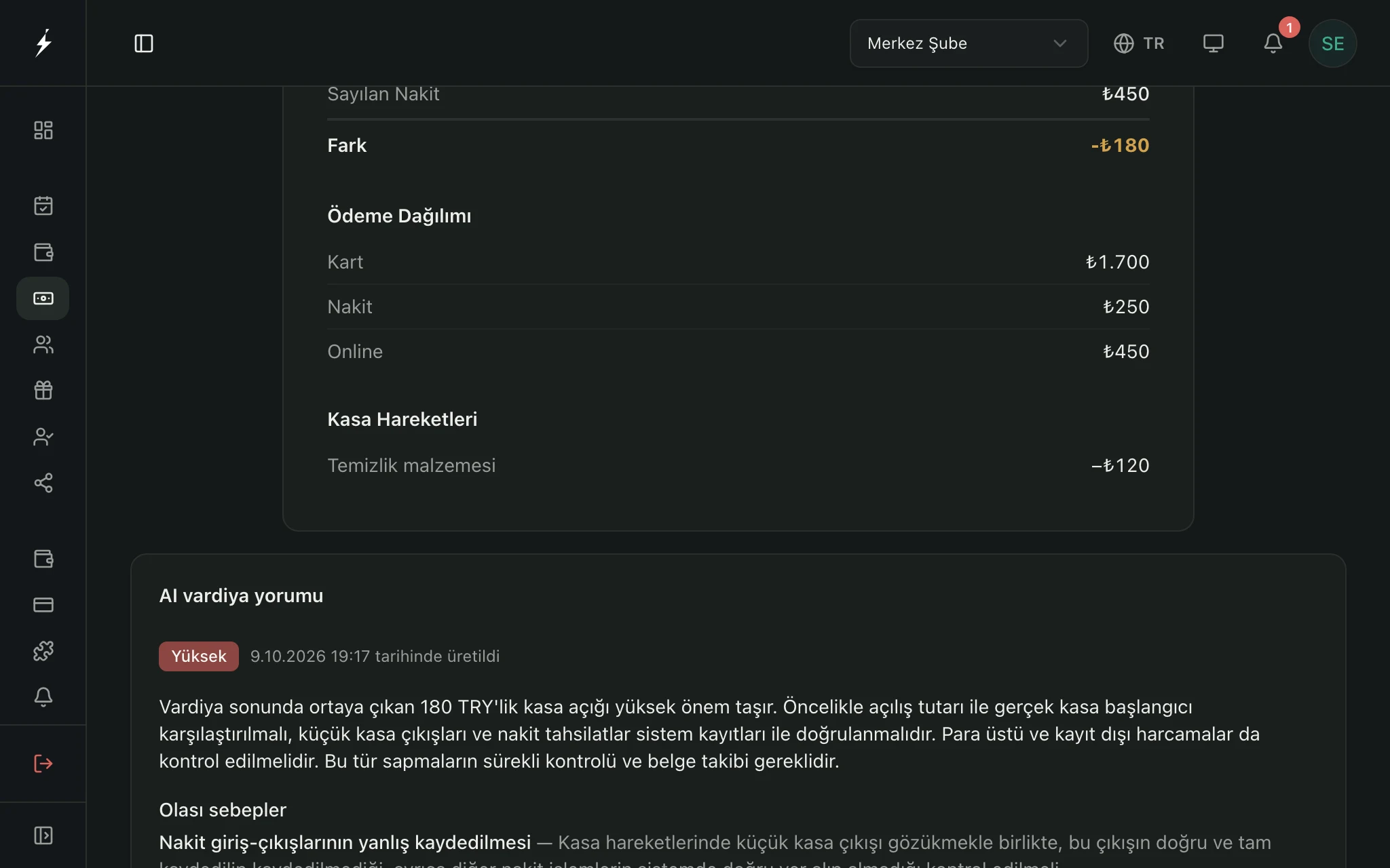 Zencron panelinde Kasa ekranı