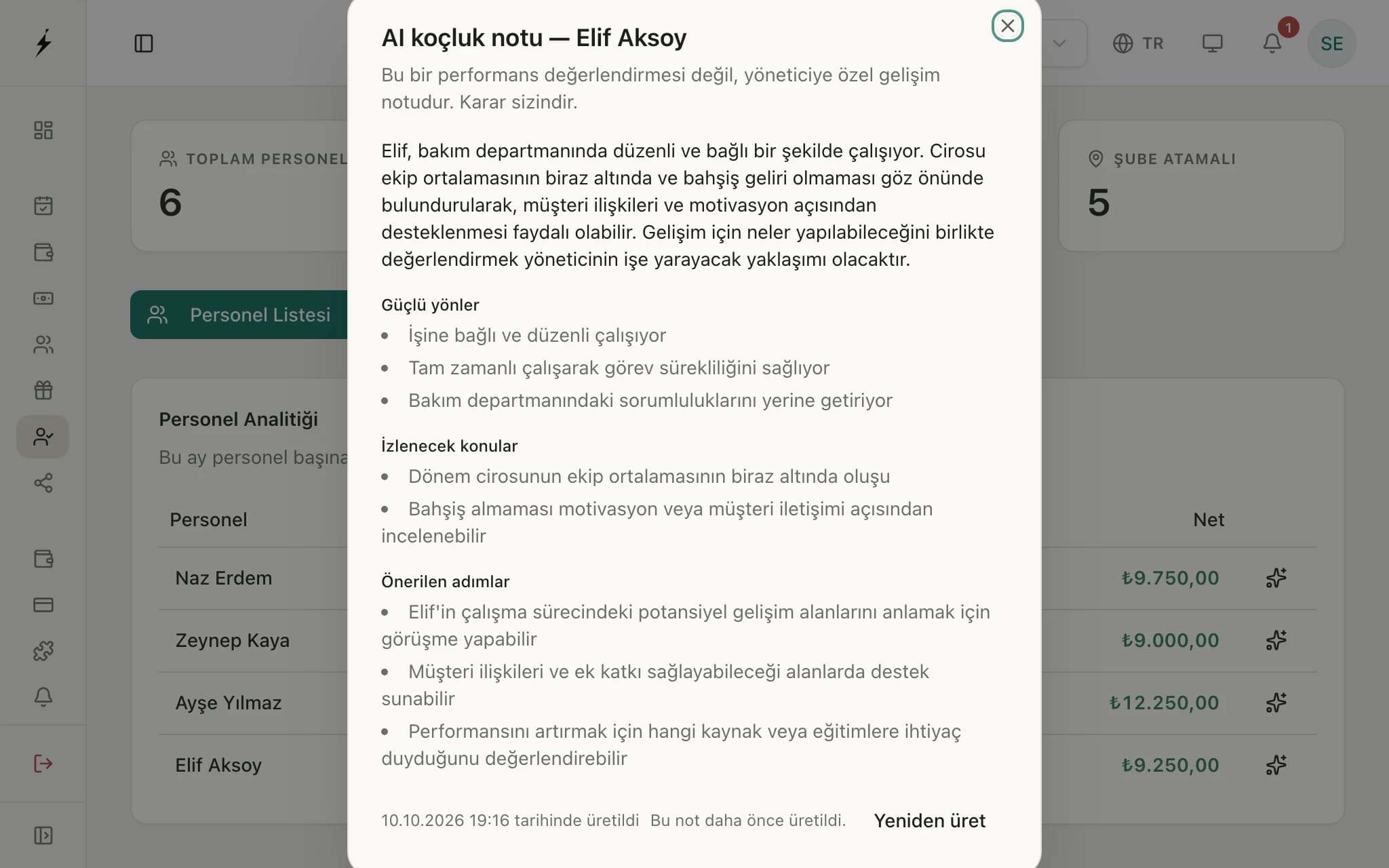 Zencron panelinde Personel ekranı